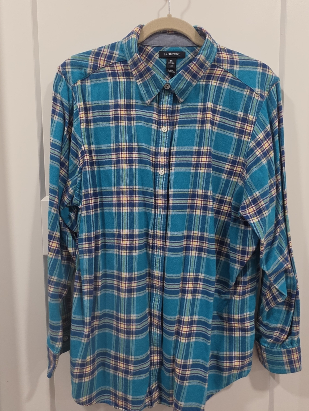 Lands' End Teal and Navy Plaid Button-Down Shirt - Women's